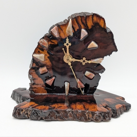 Vintage MCM live edge wood slab & stone table top clock - Picture 1 of 11